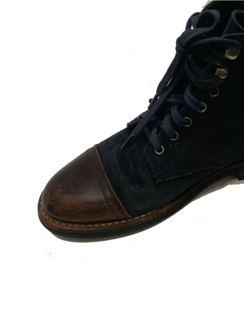 Thursday boots captain Men's Navy Suede and Brown Leather Cap-Toe Lace-Up Boots